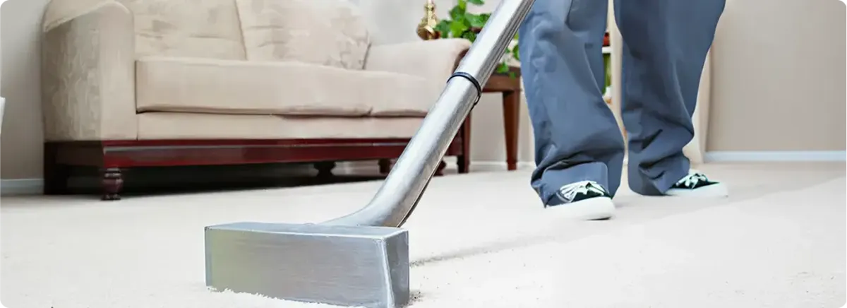 Carpet cleaning technician using a hot-water extraction wand on a light-colored carpet in a living room, Yonkers, NY.